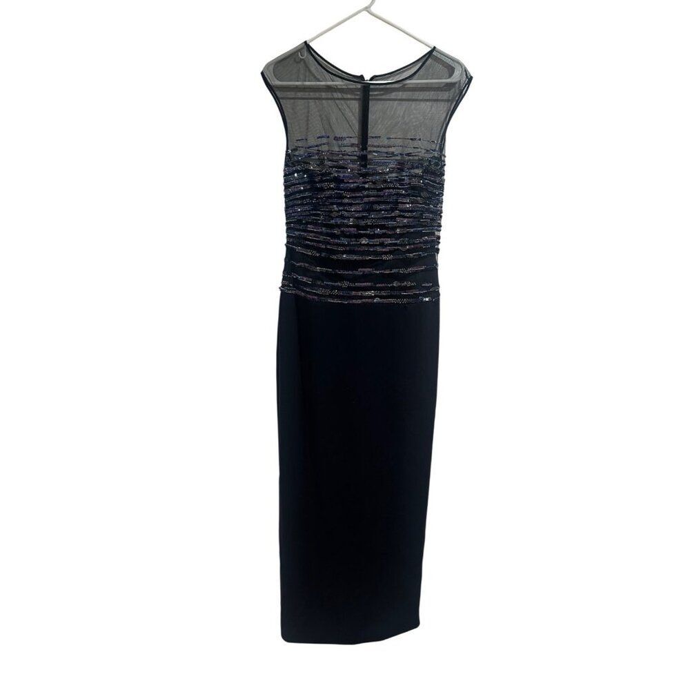 Pamella Roland Navy Blue Purple Sequin Beaded Column Evening Gown 8 Formal NEW